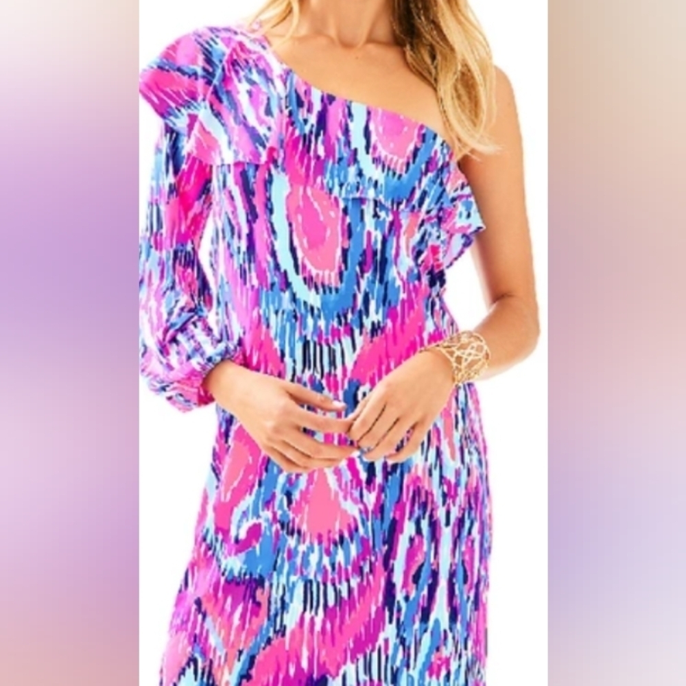 Lily Pulitzer Amante Silk Jersey Lined One Sleeve Free Spirit Dress Ruffle Colla